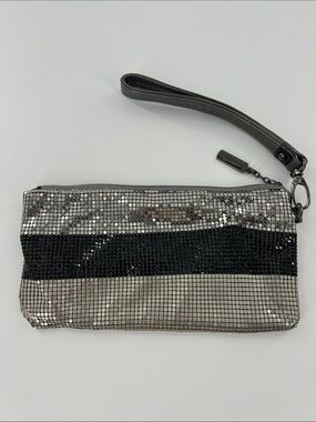 Whiting & Davis Metal Mesh Wristlet Disco Y2K Black Silver Stripe clutch purse